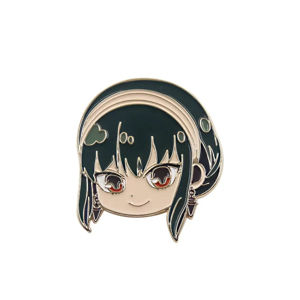 Glossy enamel pin featuring chibi spy x family yor forger with dark green hair red eyes and silver earrings alloy brooch
