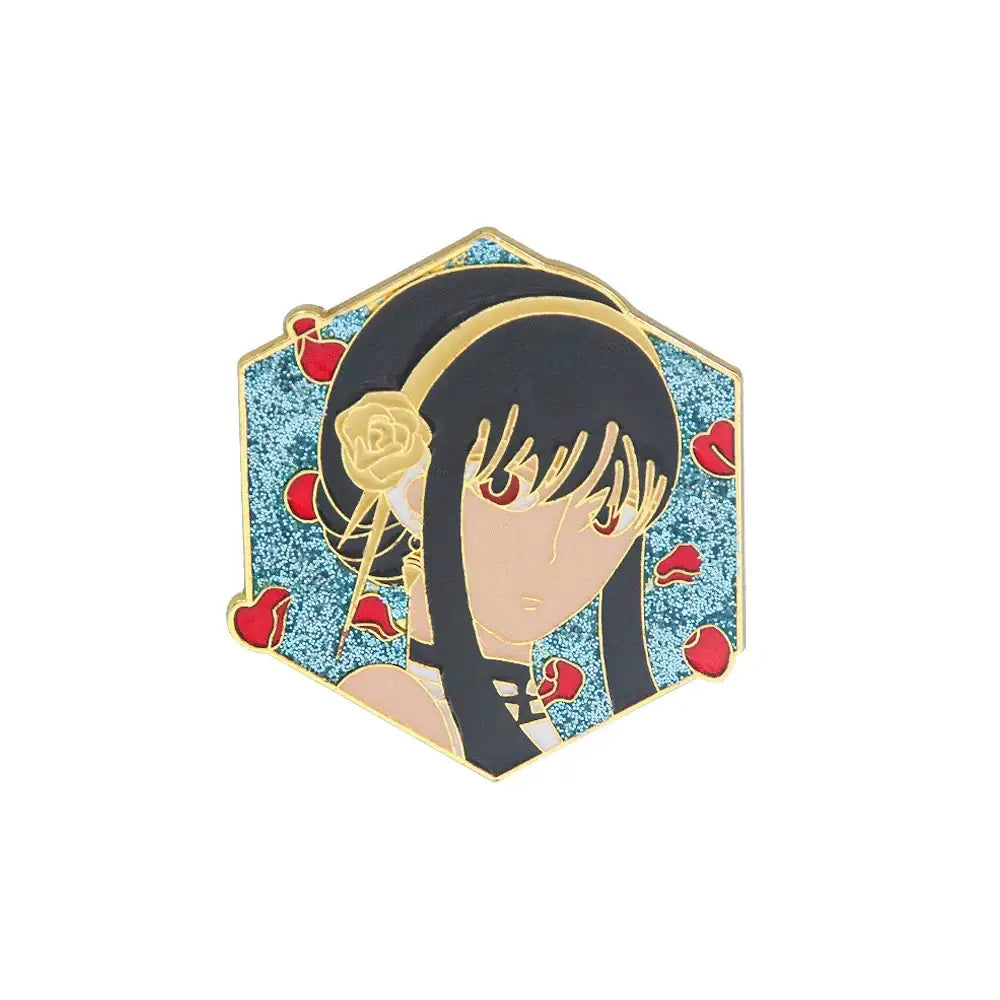 Hexagonal enamel pin of spy x family yor forger with black hair red eyes and gold rose on glittery blue heart background