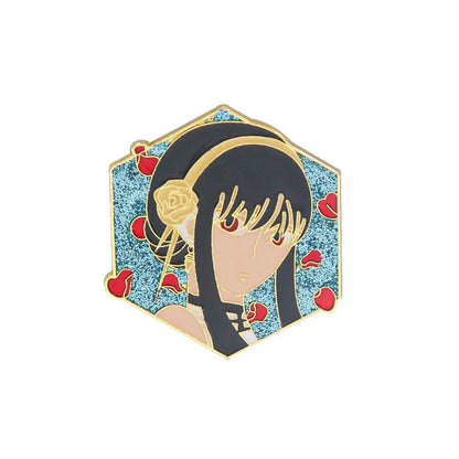 Hexagonal enamel pin of spy x family yor forger with black hair red eyes and gold rose on glittery blue heart background