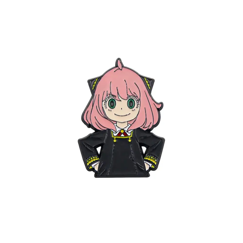 Spy x family yor forger metal badge pin featuring pink-haired character with green eyes and black uniform alloy brooch