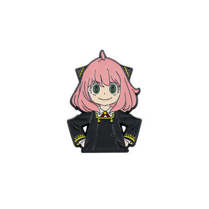 Spy x family yor forger metal badge pin featuring pink-haired character with green eyes and black uniform alloy brooch