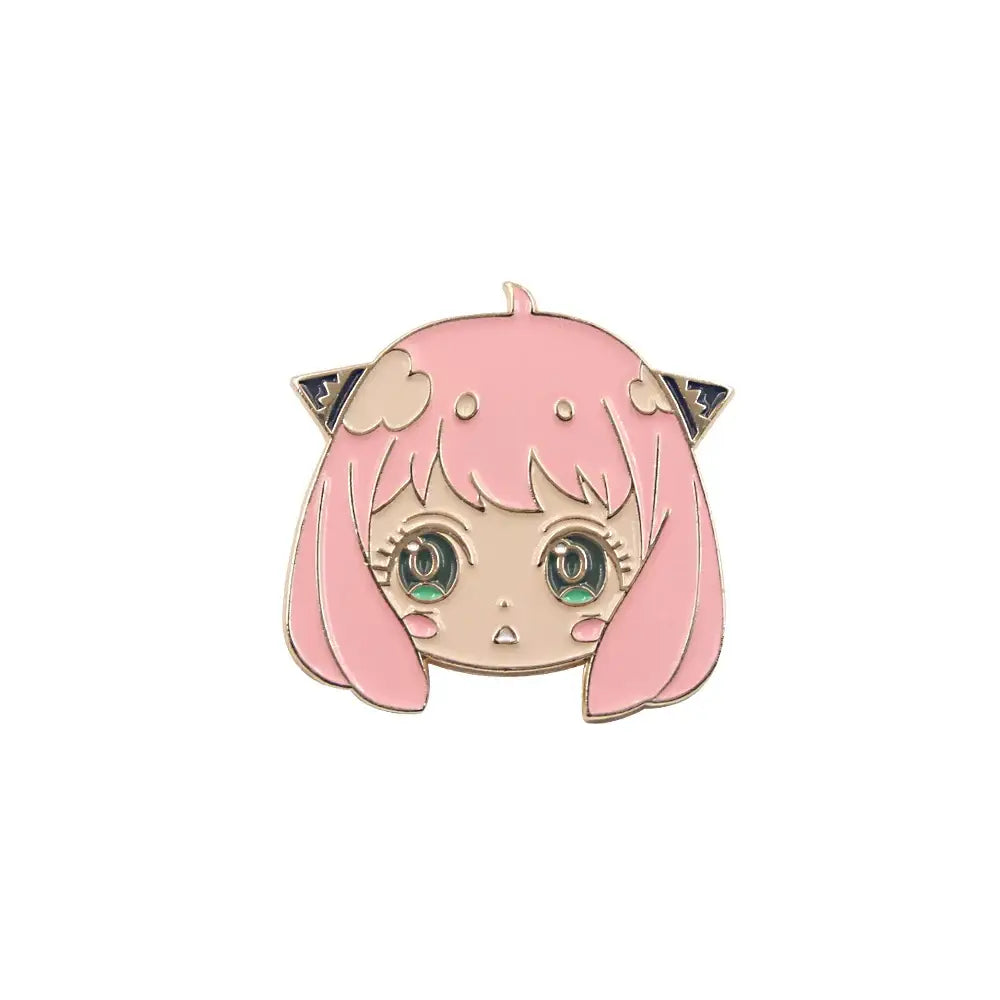 Pink enamel spy x family yor forger metal badge pin featuring green-eyed anime girl with cat ears and short hair
