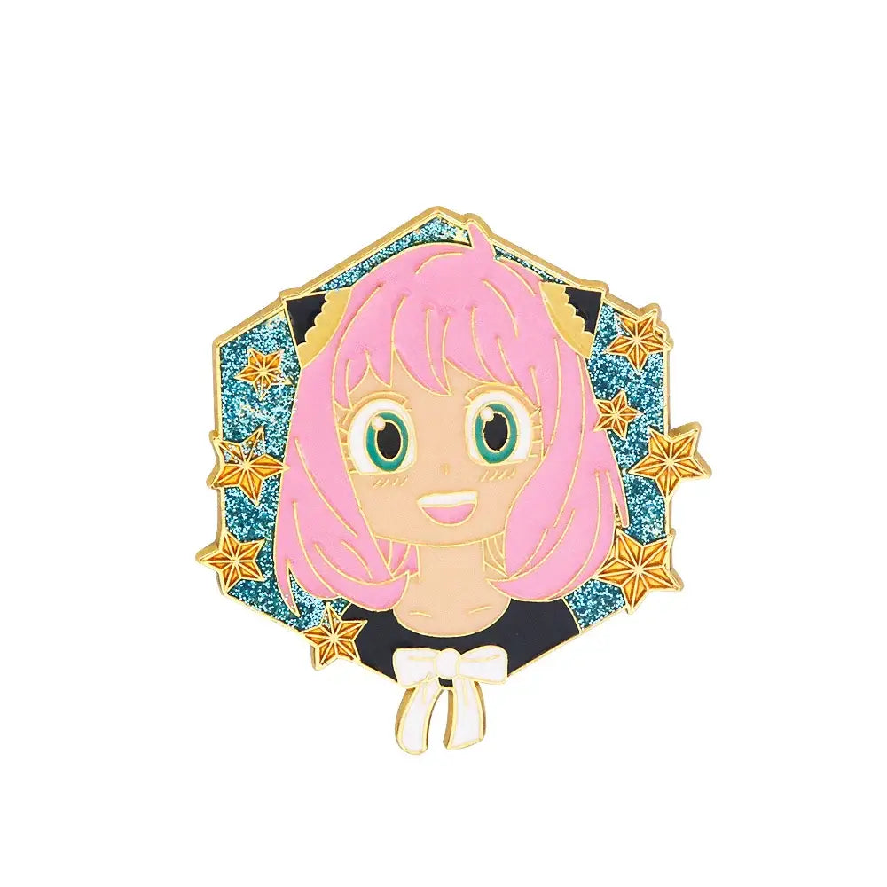 Spy x family yor forger metal badge pin featuring pink hair and green eyes on a glittery teal background with gold stars