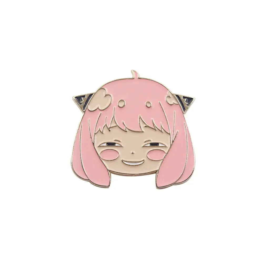 Pink enamel spy x family yor forger metal badge pin featuring cartoon girl with short pink hair and cat ears