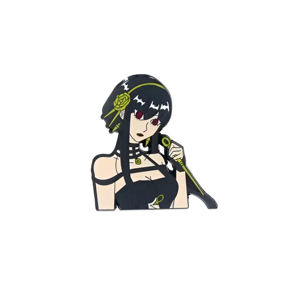 Spy x family yor forger metal badge pin featuring black and green alloy brooch with gothic female figure and red eyes