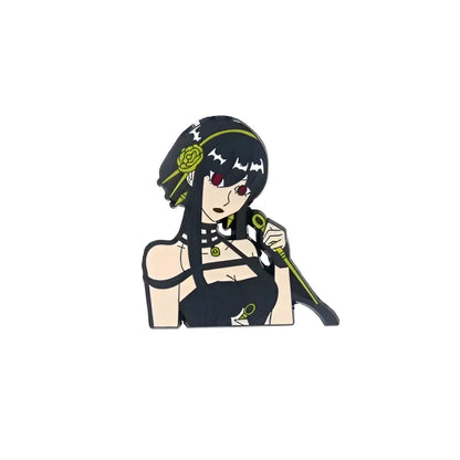 Spy x family yor forger metal badge pin featuring black and green alloy brooch with gothic female figure and red eyes