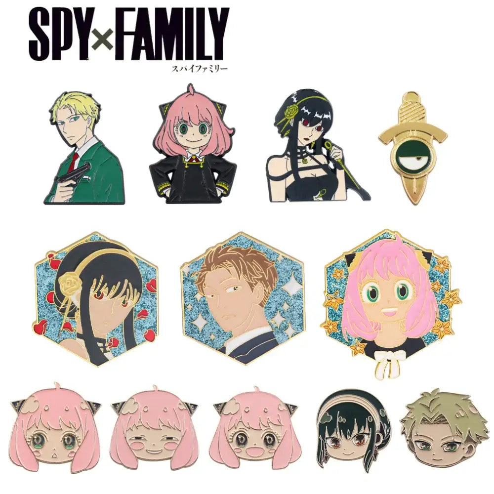 Spy x family yor forger metal badge pin set featuring enamel pins with colorful designs including green suits and glitter frames