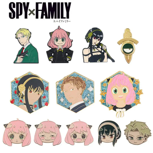 Spy x family yor forger metal badge pin set featuring enamel pins with colorful designs including green suits and glitter frames