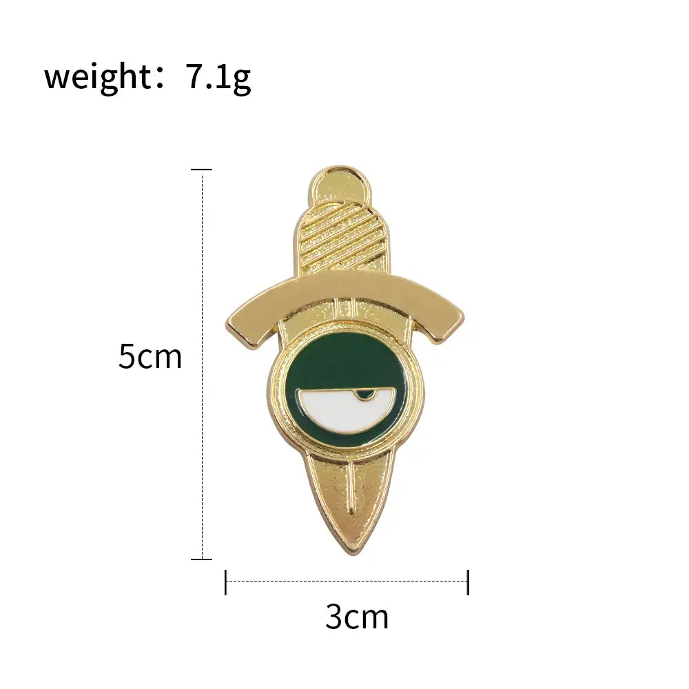 Gold-colored alloy enamel pin shaped like a sword with a green and white eye design featuring yor forger from spy x family
