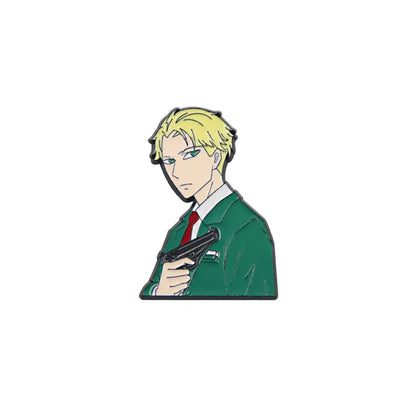 Green and red alloy brooch pin featuring blonde yor forger in school uniform holding pistol from Spy x Family