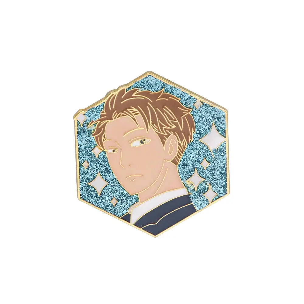 Hexagonal enamel pin of spy x family yor forger featuring anime male portrait with brown hair on glittery blue background