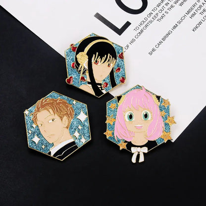 Three hexagonal enamel pins featuring spy x family yor forger with glittery blue backgrounds and gold alloy accents