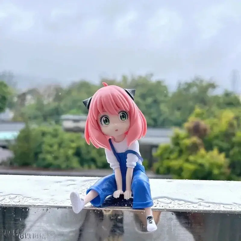 Pink-haired yor forger spy x family pvc figurine with black cat ears wearing blue overalls and white sneakers desktop model