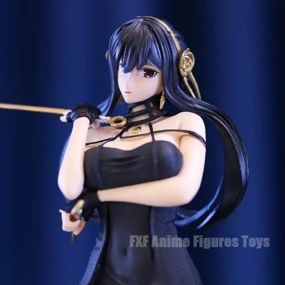 Spy x family yor forger 30cm figure pvc statue with black dress gold accents headphones and sword in hand