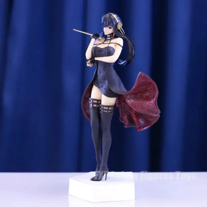Spy x family yor forger pvc statue 30cm figure of woman in black and red dress with thigh-high stockings holding sword