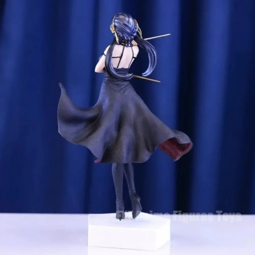 Detailed black and gold spy x family yor forger pvc statue featuring long dark blue hair and elegant backless gown