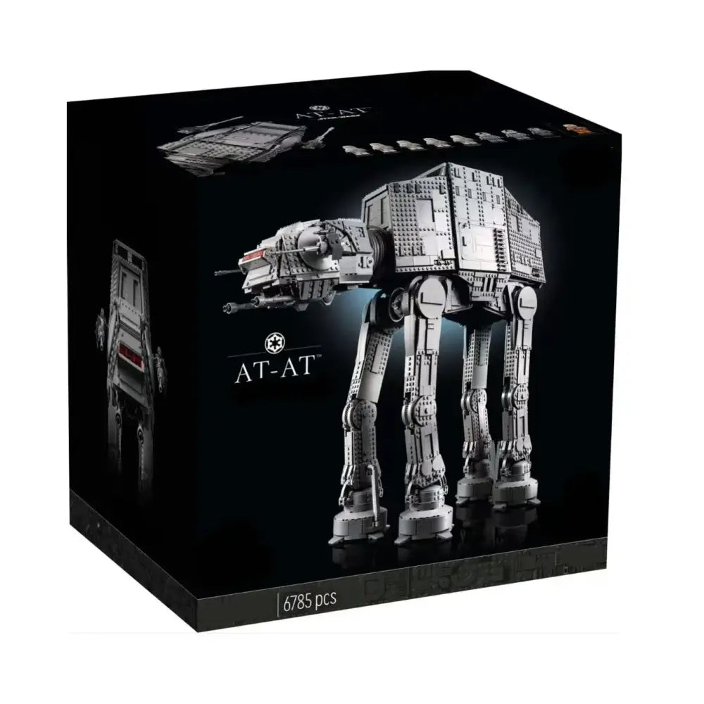 Black lego box featuring a detailed silver star wars at-at walker building model with 6785 pieces for walker building