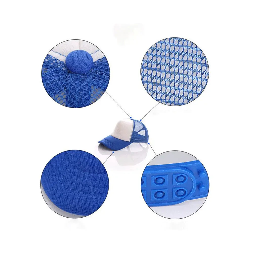 Blue and white mesh baseball cap with structured brim adjustable strap and reinforced stitching for kids and adults