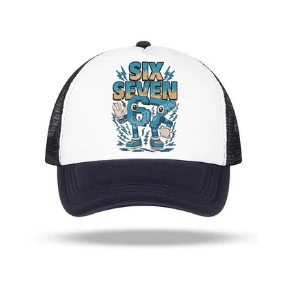 White and navy blue baseball cap with colorful cartoon robot design and six seven text for kids and adults