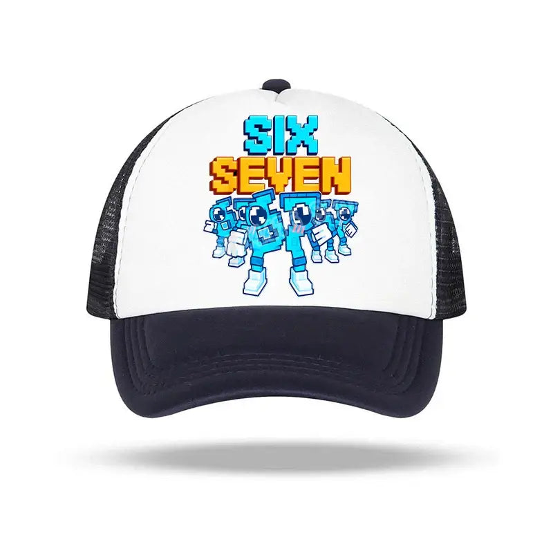 White and black baseball cap with pixelated six seven graphic and blue robot characters for kids and adults