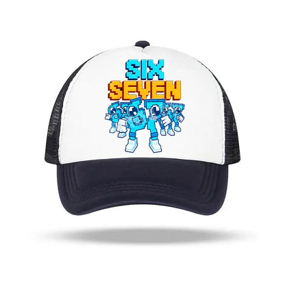 White and black baseball cap with pixelated six seven graphic and blue robot characters for kids and adults