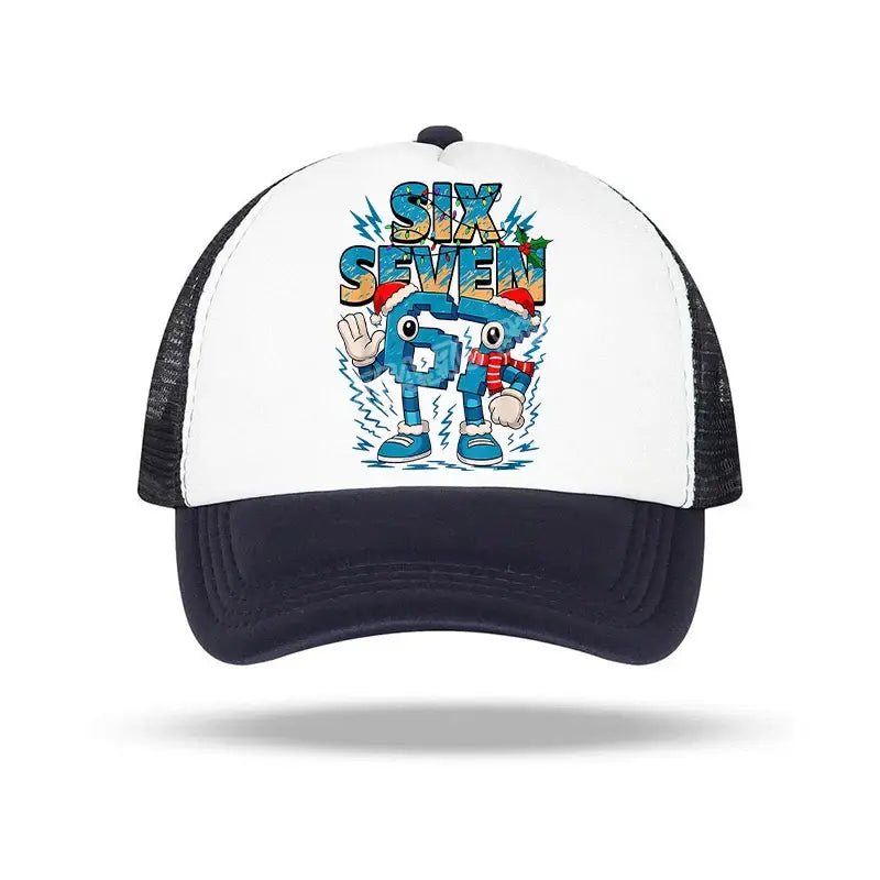White and navy blue trucker baseball cap with colorful cartoon six graphic and six seven text for kids and adults