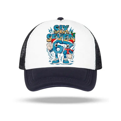 White and navy blue trucker baseball cap with colorful cartoon six graphic and six seven text for kids and adults