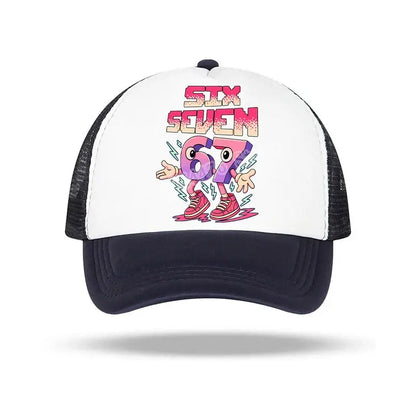 White and black trucker baseball cap featuring a vibrant cartoonish 67 character with pink shoes and lightning bolts