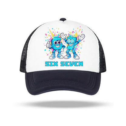 White and black trucker baseball cap with colorful blue robot graphic and six seven text for kids and adults