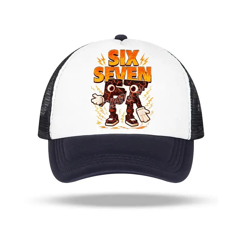 White and navy blue baseball cap featuring a cartoon character and bold orange six seven text for kids and adults