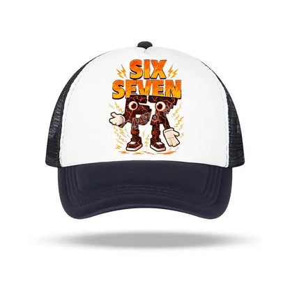 White and navy blue baseball cap featuring a cartoon character and bold orange six seven text for kids and adults