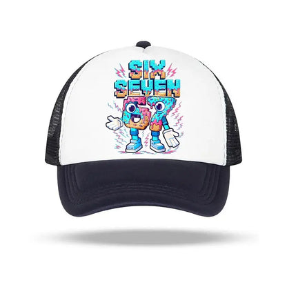 White and black trucker baseball cap with colorful cartoon 67 characters wearing blue shoes for kids and adults