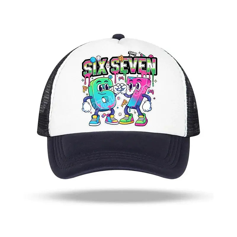 White and black trucker baseball cap with colorful cartoonish six and seven design and vibrant paint splatter effects