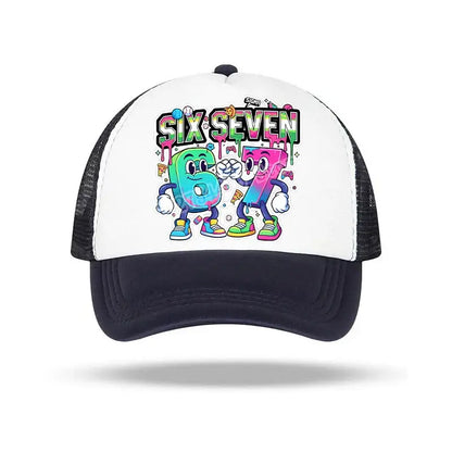 White and black trucker baseball cap with colorful cartoonish six and seven design and vibrant paint splatter effects