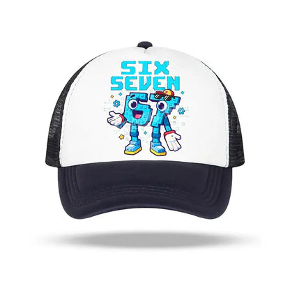 White and black trucker baseball cap featuring a colorful blue pixelated number 67 cartoon character with text six seven