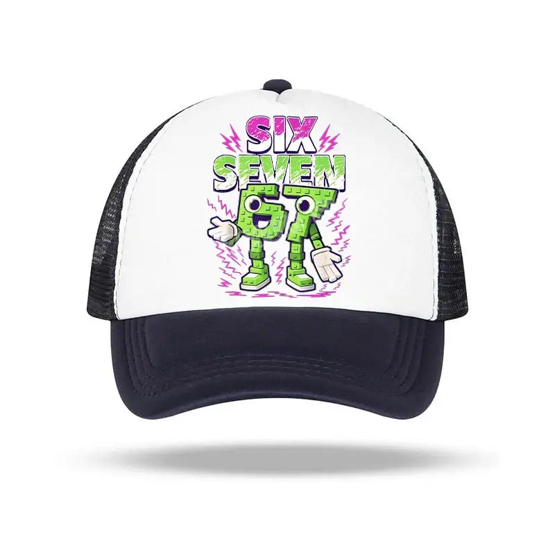 White and black trucker baseball cap with vibrant green pixelated robot design and colorful six seven 67 lettering