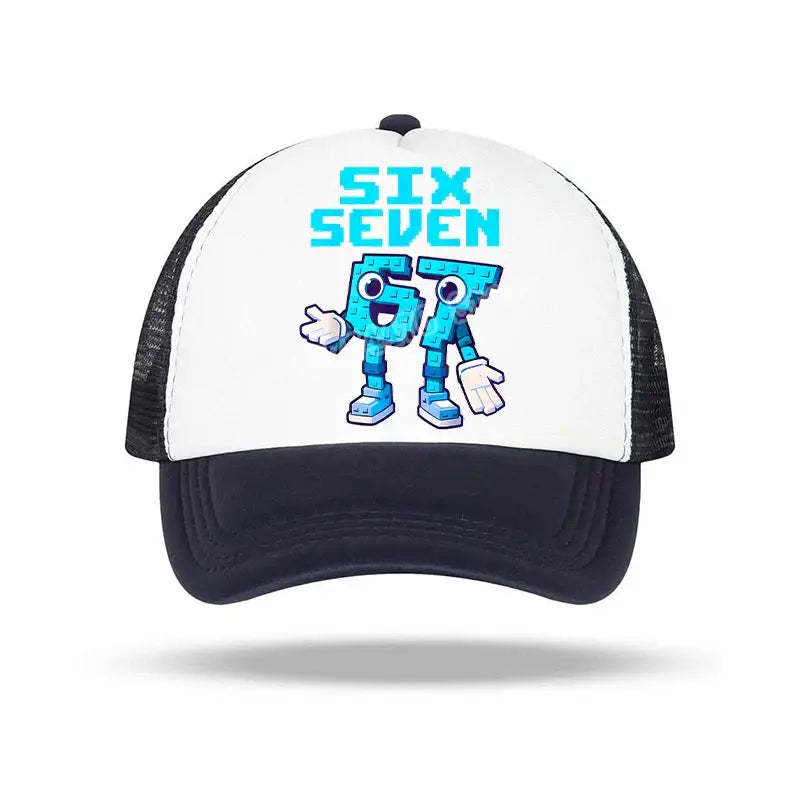 White and black trucker baseball cap with a cheerful blue pixelated 67 character and six seven text for kids and adults