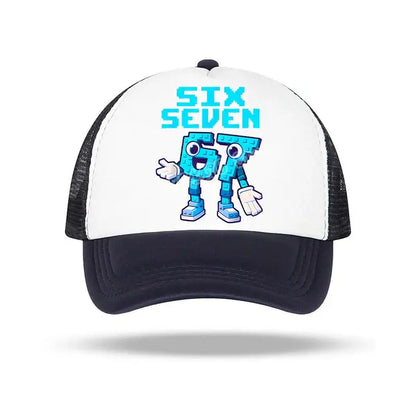 White and black trucker baseball cap with a cheerful blue pixelated 67 character and six seven text for kids and adults
