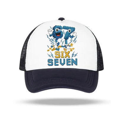 White and navy blue baseball cap with playful blue lego characters and six seven text for kids and adults