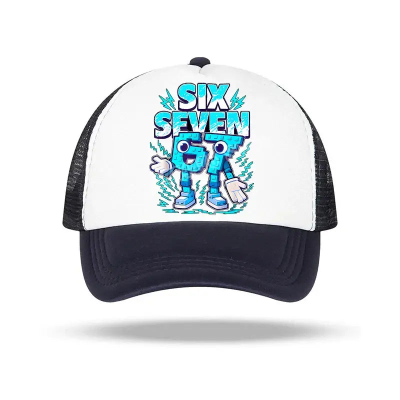 White and black baseball cap featuring a vibrant blue cartoon robot and six seven 67 text in bold stylized lettering