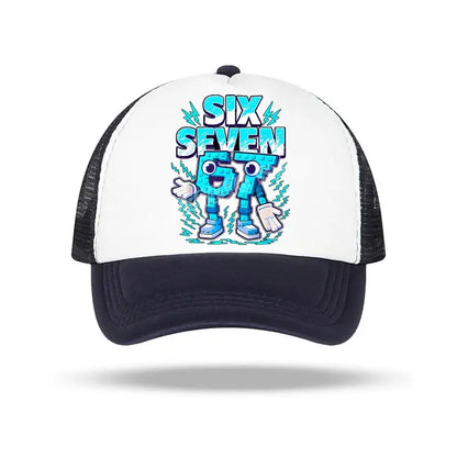 White and black baseball cap featuring a vibrant blue cartoon robot and six seven 67 text in bold stylized lettering