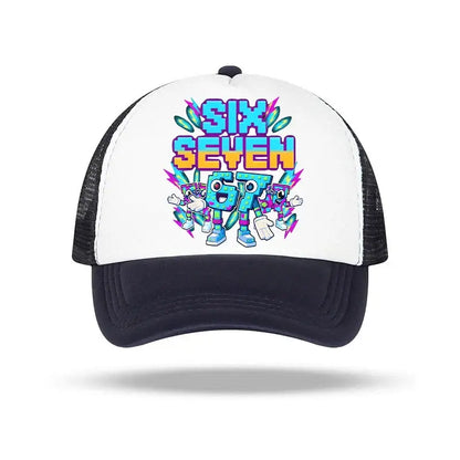 White and black trucker baseball cap featuring colorful six seven 67 graphic with cartoon characters for kids and adults