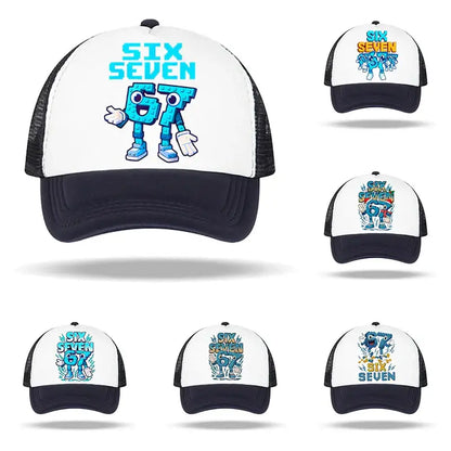 White and navy blue baseball cap with cartoon robot design and bright cyan six seven text for kids and adults