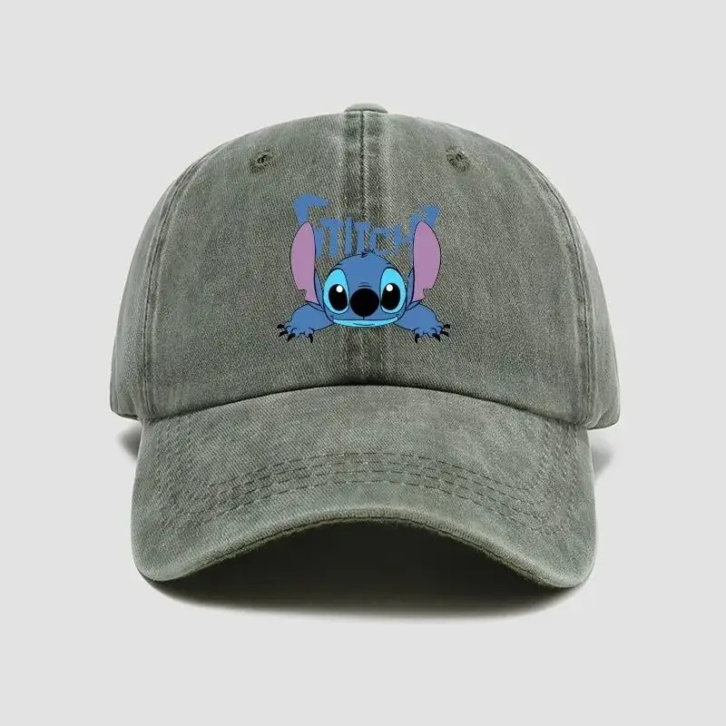 A faded gray breathable adjustable snapback cap featuring a blue stitch character with pink ears peeking out