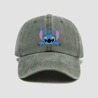 A faded gray breathable adjustable snapback cap featuring a blue stitch character with pink ears peeking out