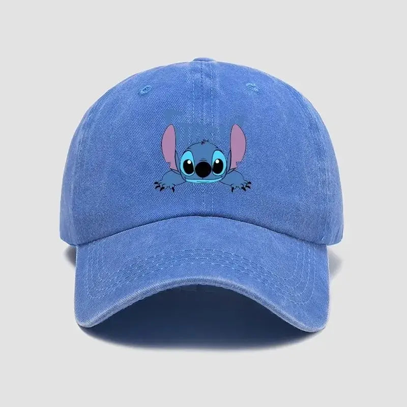 Blue denim-style stitch snapback cap with breathable fabric and adjustable strap featuring embroidered stitch character