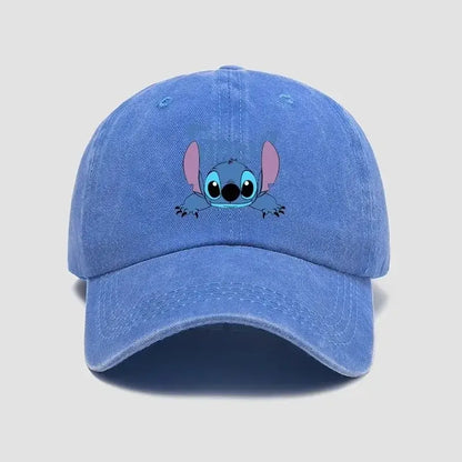 Blue denim-style stitch snapback cap with breathable fabric and adjustable strap featuring embroidered stitch character
