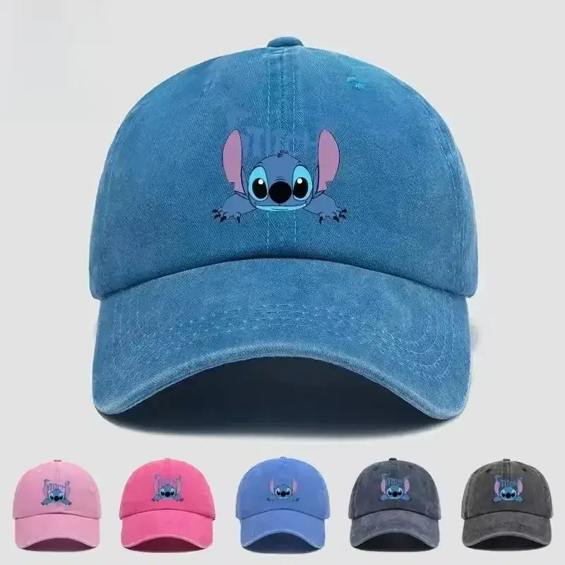 Blue denim stitch snapback cap with breathable adjustable fit featuring embroidered stitch character with pink ears and blue eyes