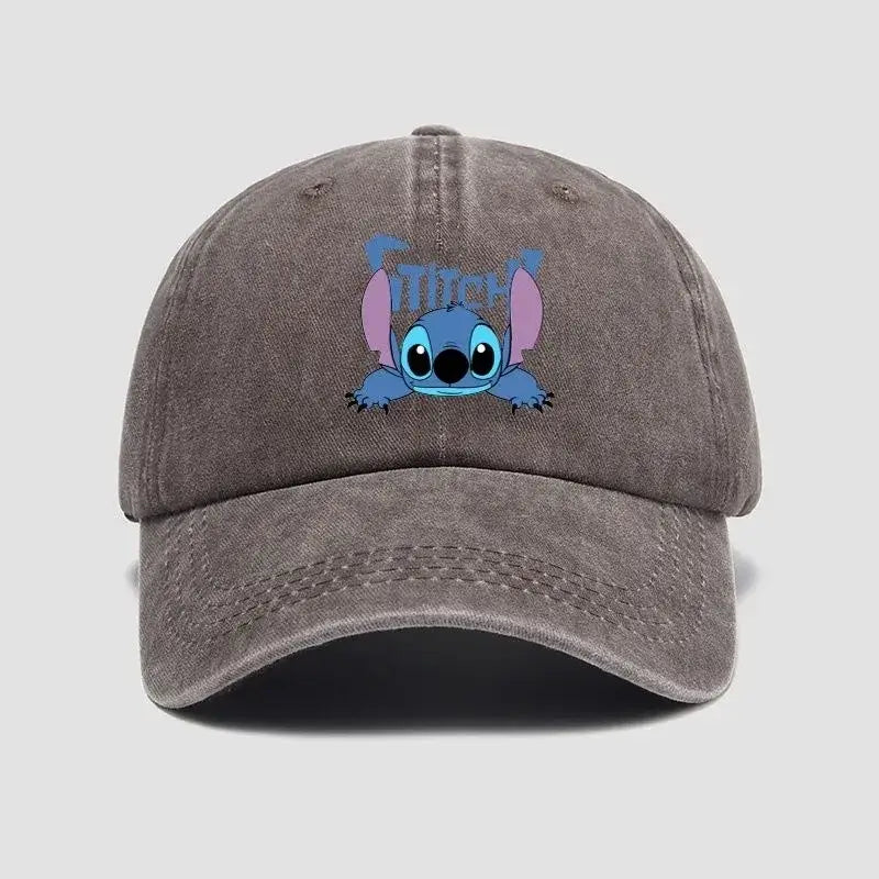 A faded gray breathable adjustable snapback cap featuring a blue stitch character with pink ears peeking out