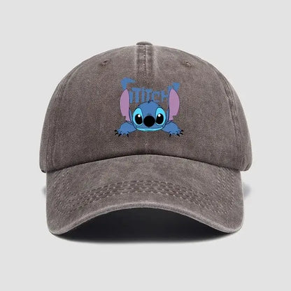 A faded gray breathable adjustable snapback cap featuring a blue stitch character with pink ears peeking out